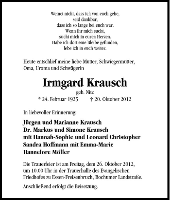 Traueranzeige von Irmgard Krausch von Tageszeitung